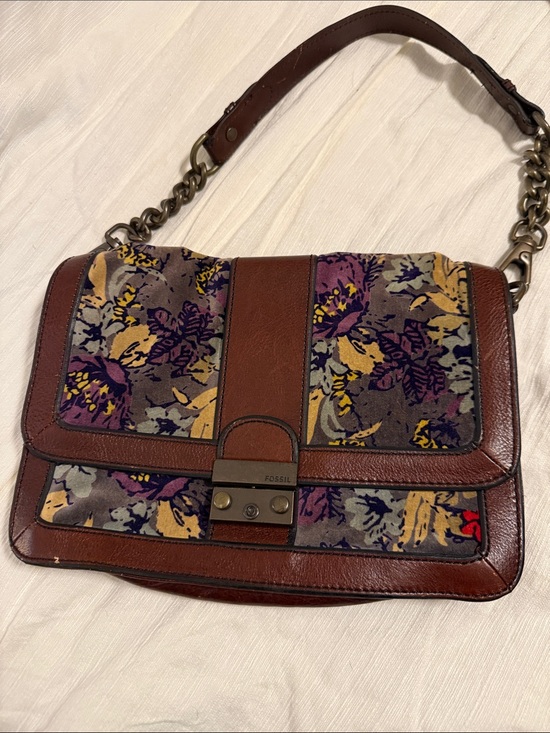 Fossil Handbags - Fossil Brown Leather Shoulder Bag with Purple & Yellow Floral Panels